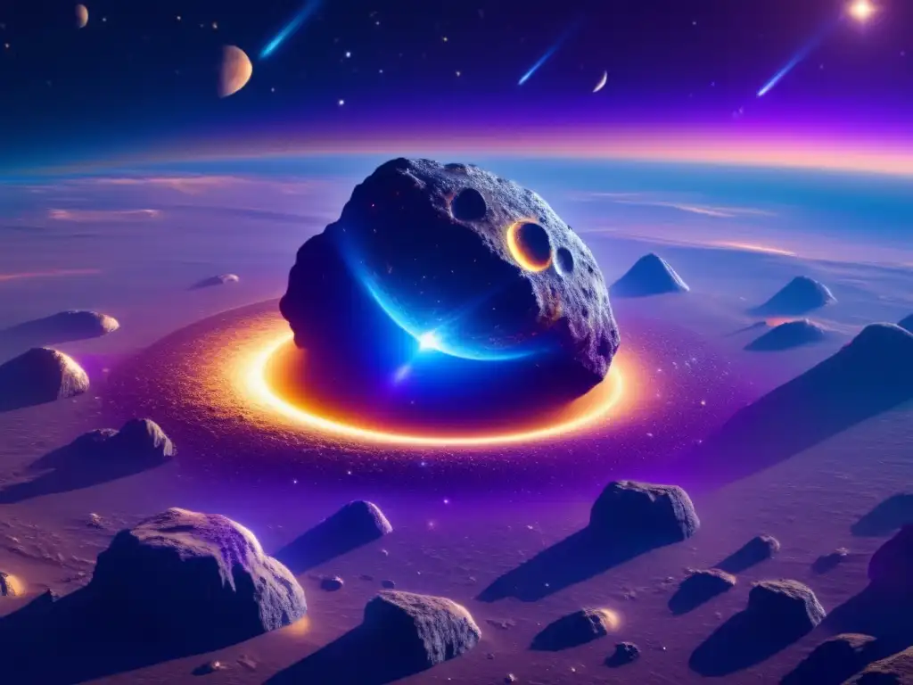 Hermoso asteroide Type S flotando en el espacio Secretos minerales de los asteroides: imagen 8k de un asteroide Tipo S flotando en el espacio, con colores vibrantes y formaciones geológicas