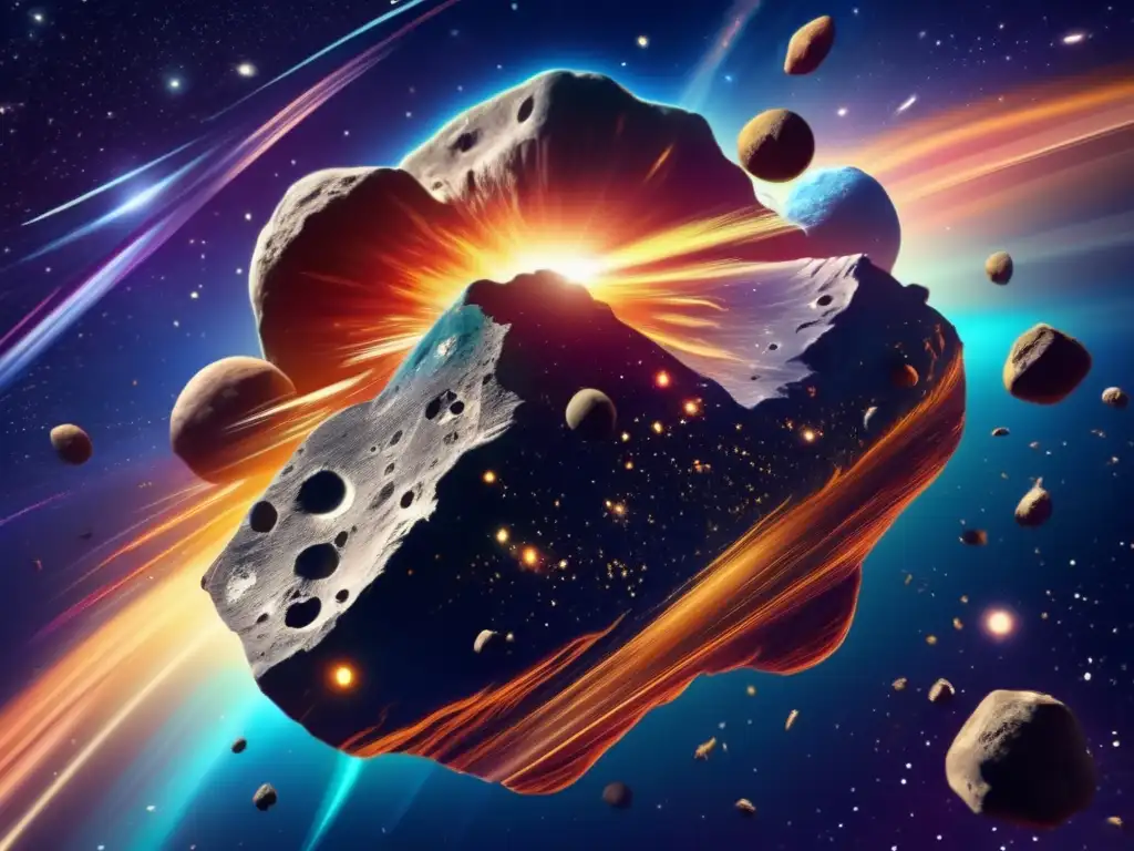 Asteroide vibrante en el espacio Secretos minerales de los asteroides: imagen impactante de un asteroide en el espacio, rodeado de galaxias y estrellas brillantes
