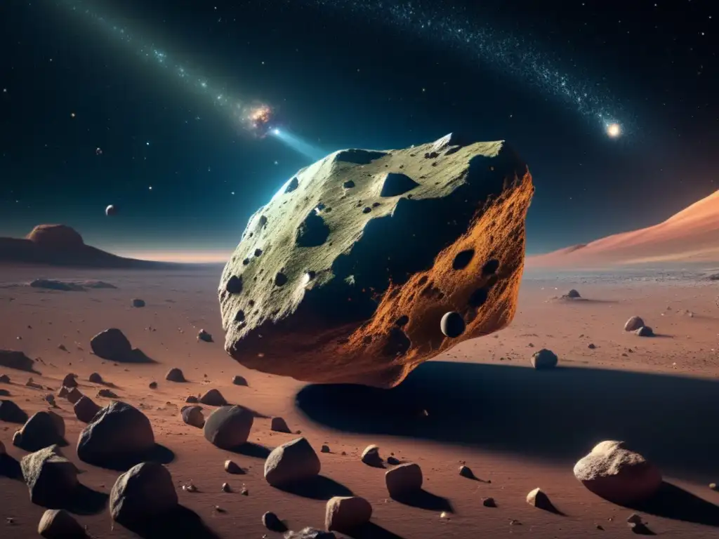 Asteroida Type S en el espacio Secretos minerales de los asteroides: una impresionante imagen en 8k que muestra un asteroide Tipo S flotando en el espacio, revelando una rica composición de minerales y elementos