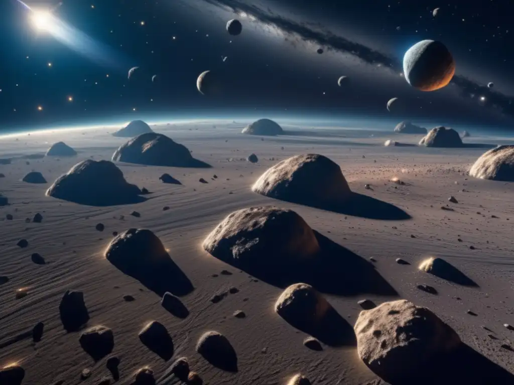 Belleza majestuosa del cinturón de asteroides Secretos minerales de los asteroides: Majestuoso cinturón de asteroides en el espacio, con variedad de tamaño, forma y composición