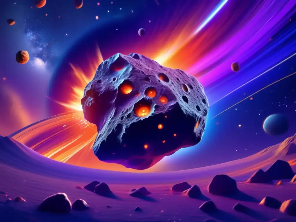 Asteroide masivo en el espacio Secretos del universo temprano: Asteroide masivo en movimiento rodeado de galaxia, mostrando su impacto en el cosmos