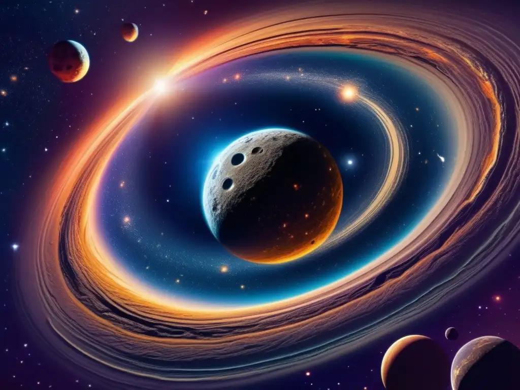 Asteroida flota en espacio infinito Secretos universo temprano: Imagen detallada del espacio con galaxias giratorias, estrellas lejanas y un asteroide masivo en primer plano