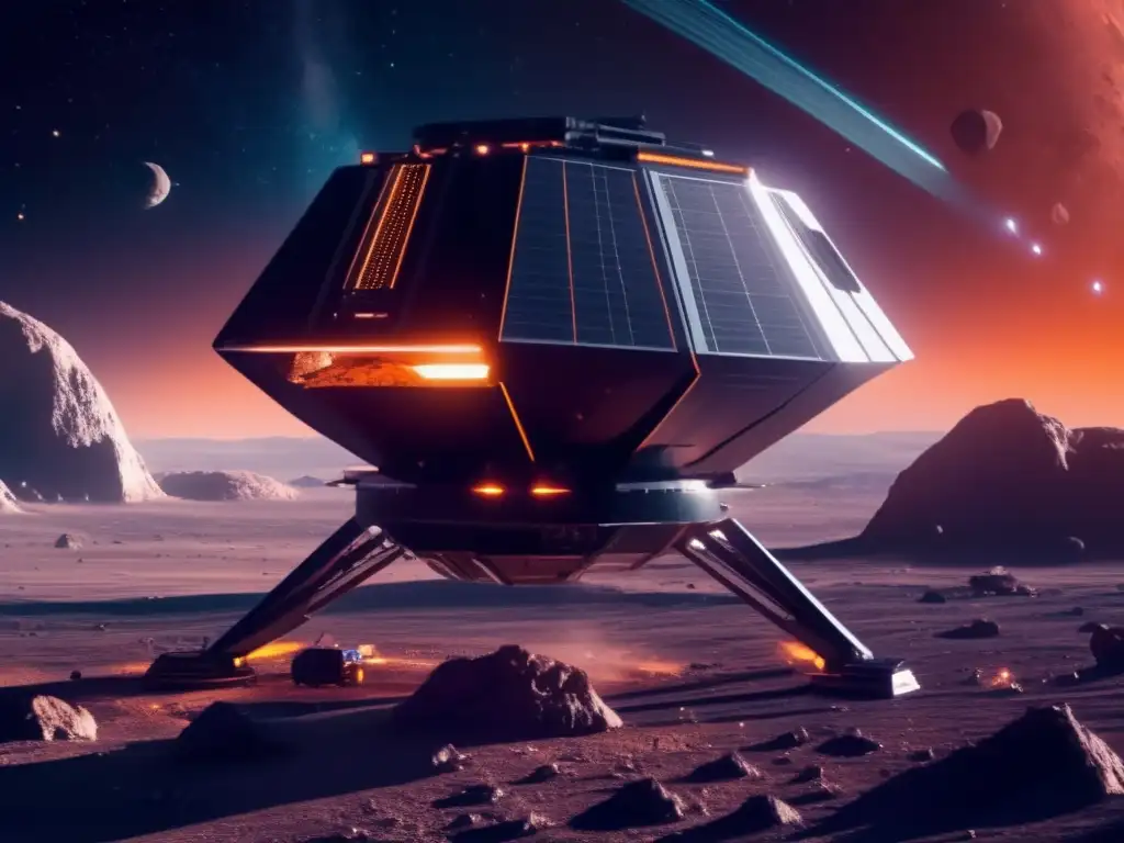 Operación minera de asteroides en el espacio Gestión de seguridad en minería: Operación minera futurista en el espacio mostrando una nave espacial avanzada y un asteroide gigantesco