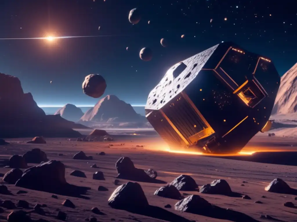 Operación minera de asteroides futurista en espacio Gestión de seguridad en minería: avanzada extracción de recursos en asteroide futurista