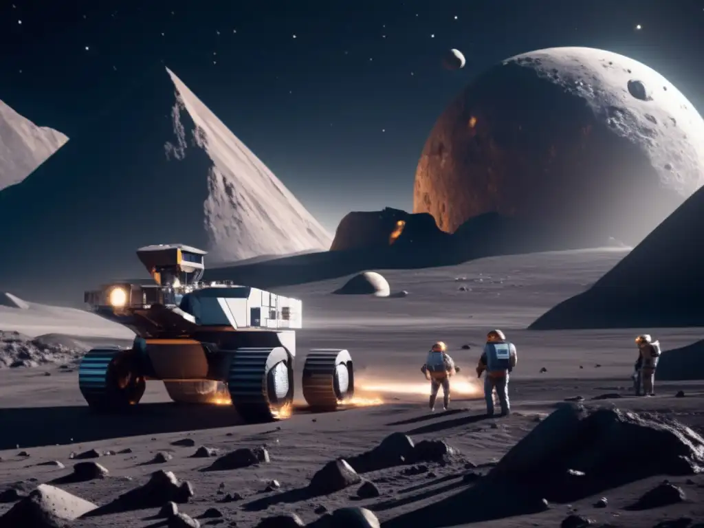 Futuro minero en asteroide Gestión de seguridad en minería: Futurista operación minera en asteroide, con equipo de alta tecnología y astronautas supervisando