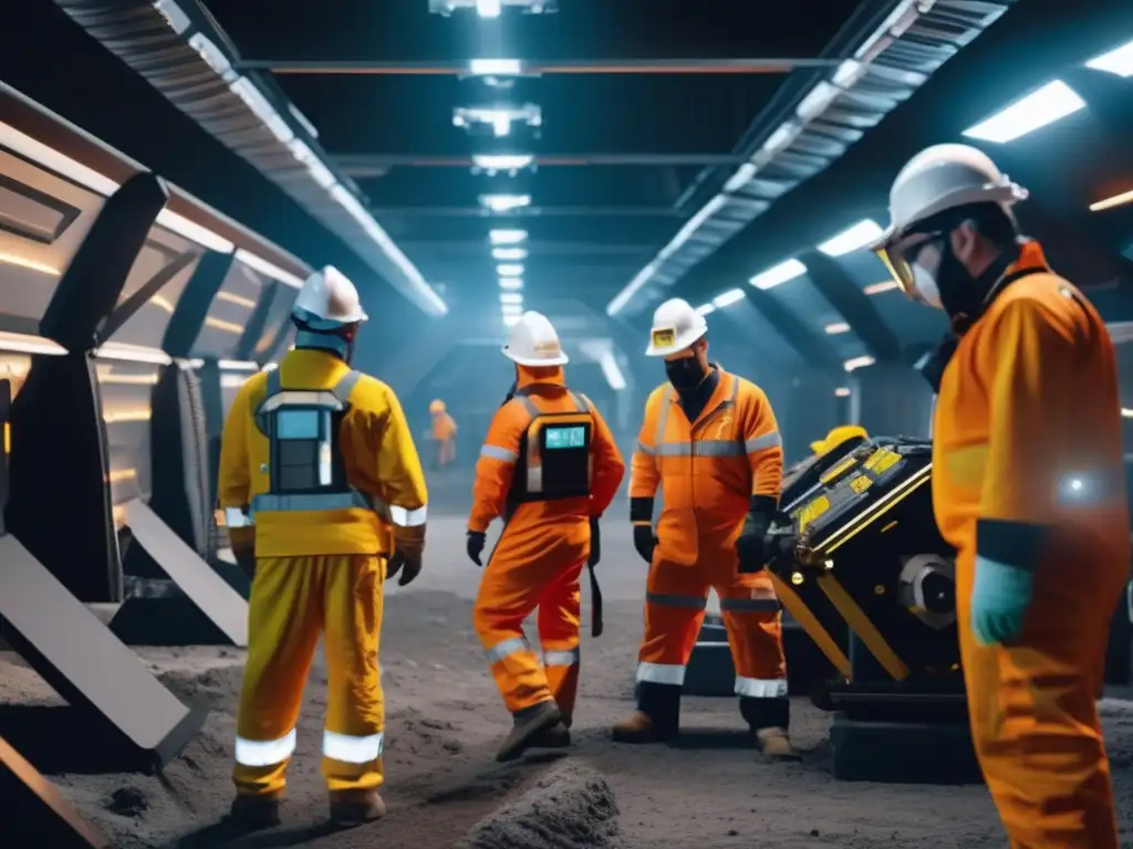 Mineros en instalación de minería de asteroides, protección y seguridad Gestión de seguridad en minería: Mineros en instalación de minería de asteroides con EPP, maquinaria avanzada y comunicación segura