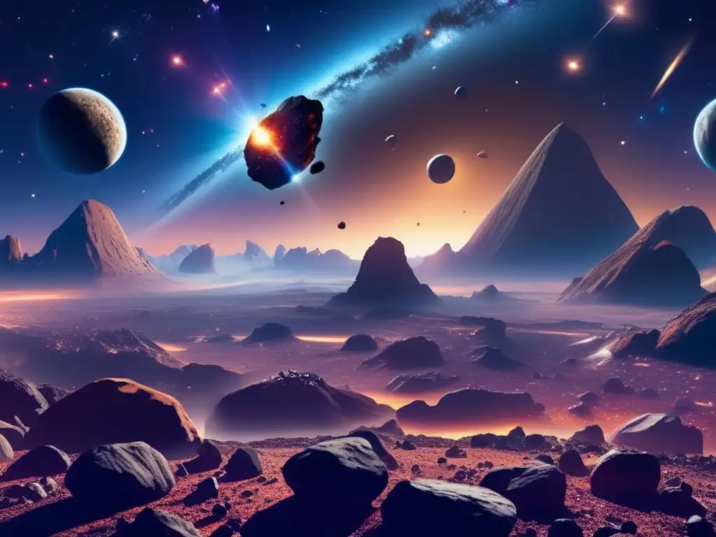 Espectacular campo de asteroides Sensibilización sobre asteroides: imagen detallada del espacio con campo de asteroides, galaxias distantes y exploración de recursos