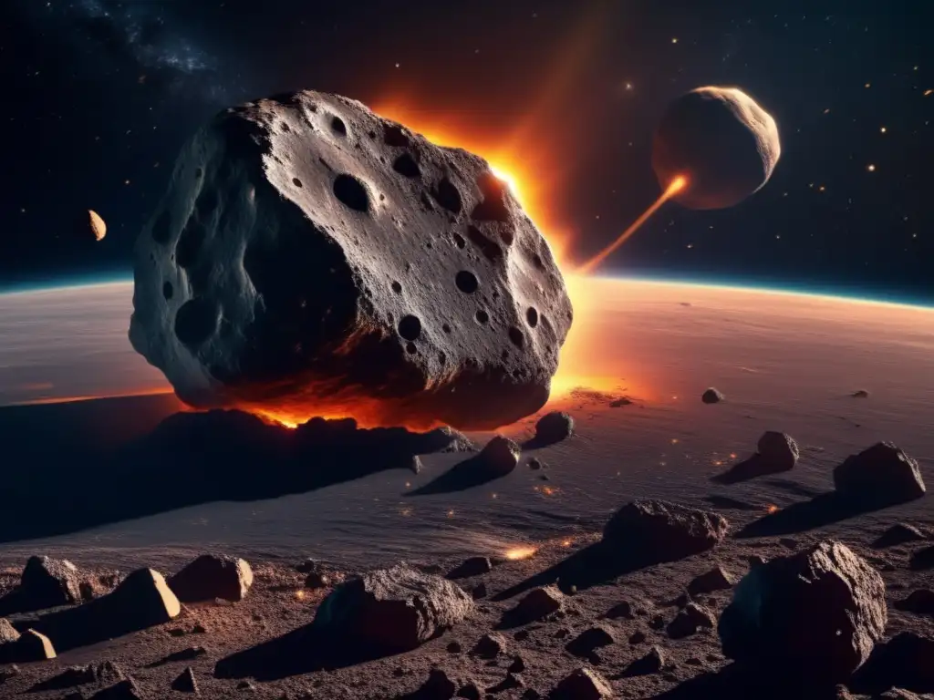 Asteroide masivo en el espacio Sensibilización sobre asteroides: imagen impactante de un asteroide masivo en el espacio, con textura rugosa y bordes irregulares, bañado por el resplandor de estrellas distantes