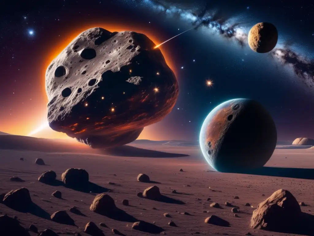 Asombrosa imagen 8k del espacio, con asteroide y galaxias Sensibilización sobre asteroides: impresionante imagen 8k ultra detallada del espacio con asteroides y galaxias distantes