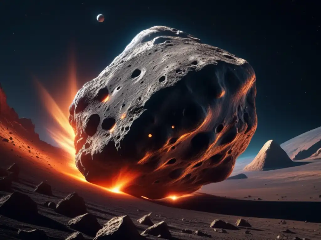 Asteroide amenazante se acerca a la Tierra Sensores de gravedad para asteroides: Imagen detallada en 8K de un asteroide masivo y amenazador acercándose a la Tierra en el espacio oscuro