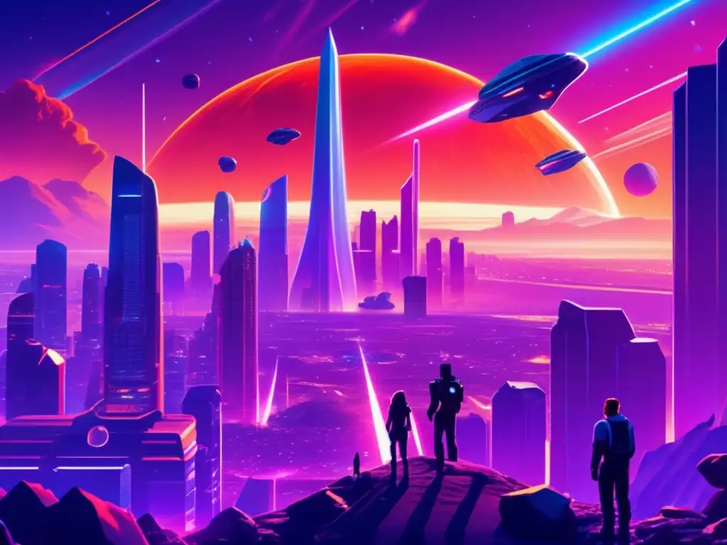 Futurista ciudad con asteroides Serie ciencia ficción: Futurista ciudad con rascacielos, asteroide
