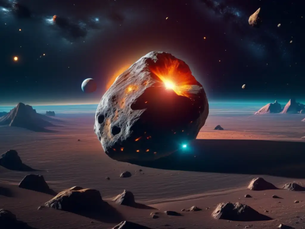 Silicatos en asteroides rocosos: imagen 8K de un majestuoso asteroide flotando en el espacio, con colores y texturas fascinantes