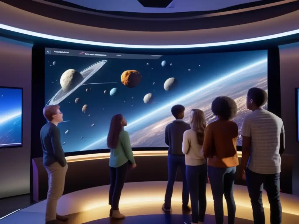 Estudiantes interactivos exploran gravedad y órbitas Simulación gravedad asteroides trayectoria estudiantes pantalla interactiva