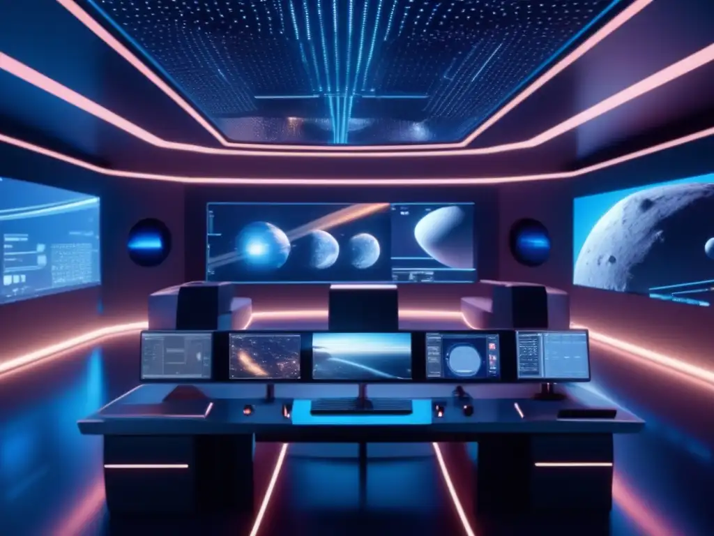 Sala de simulación futurista con estaciones de trabajo tecnológicas Simulación gravedad asteroides trayectoria en sala futurista con tecnología de vanguardia
