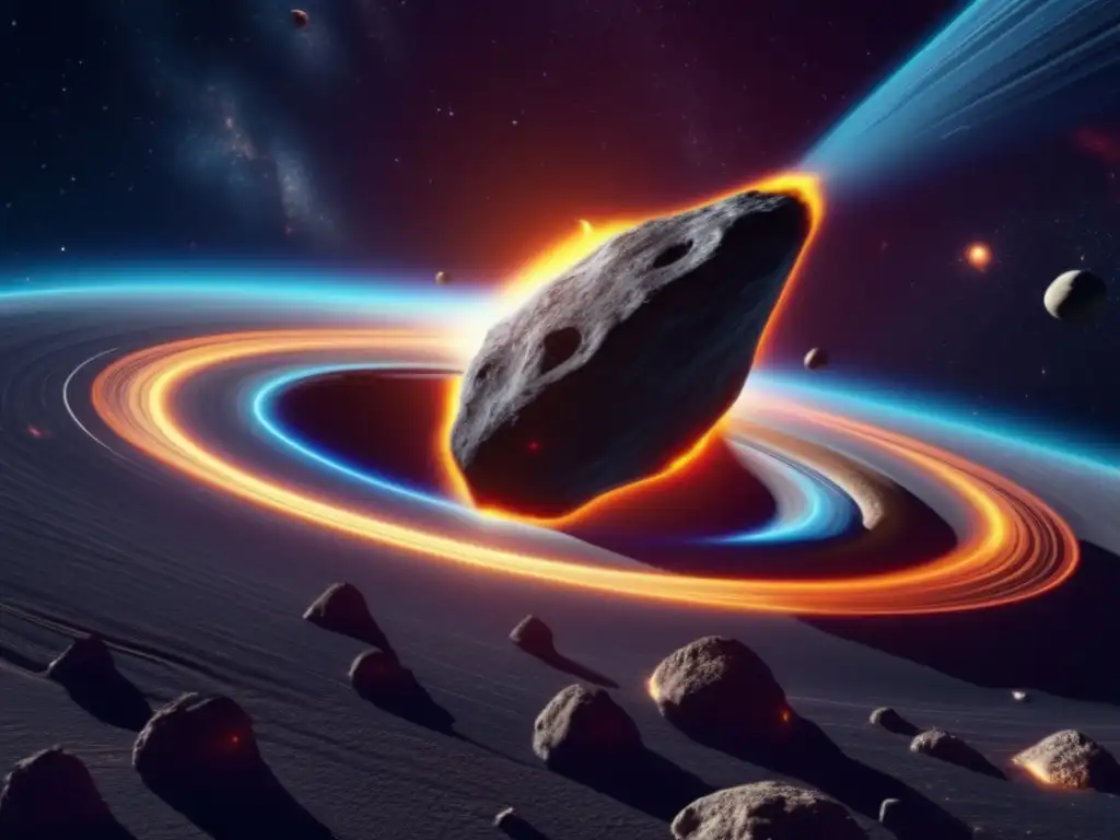 Simulación 8k de trayectoria de asteroide Simulación gravedad asteroides trayectoria 8k ultradetallada en espacio profundo con vibrante asteroide y líneas luminosas