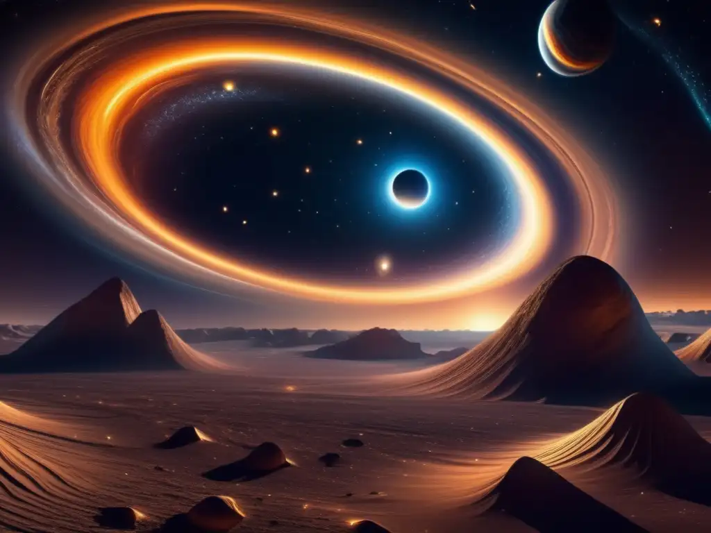 Asombrosa imagen 8k del espacio con asteroides Simulación gravedad y trayectoria de asteroides - Espacio ultradetallado 8k con asteroide y estrella
