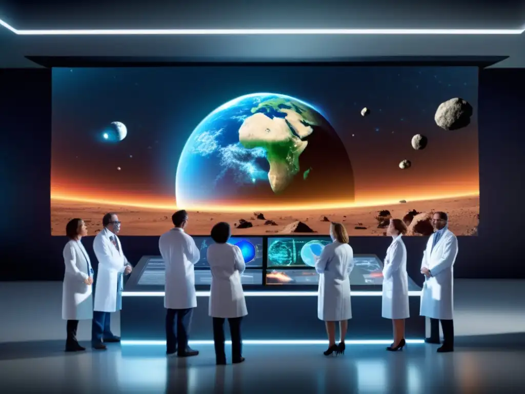 Equipo de científicos analizando impacto de asteroide Simulación de impacto de asteroides por científicos en laboratorio