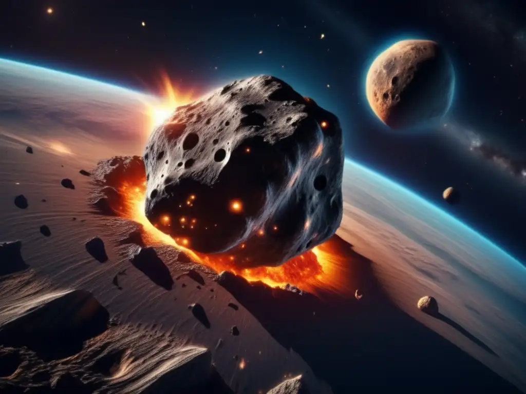 Asteroida amenazante se acerca Simulaciones amenazas asteroides preparación: Asteroida 8k con detalles ultradetallados, acercamiento amenazante a la Tierra