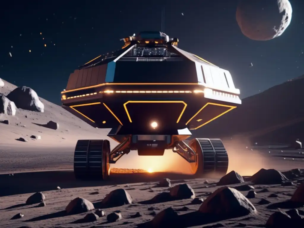 Mineria espacial futurista Simulaciones amenazas asteroides preparación: Operación minera futurista en un asteroide rico en recursos con nave minera y robots avanzados