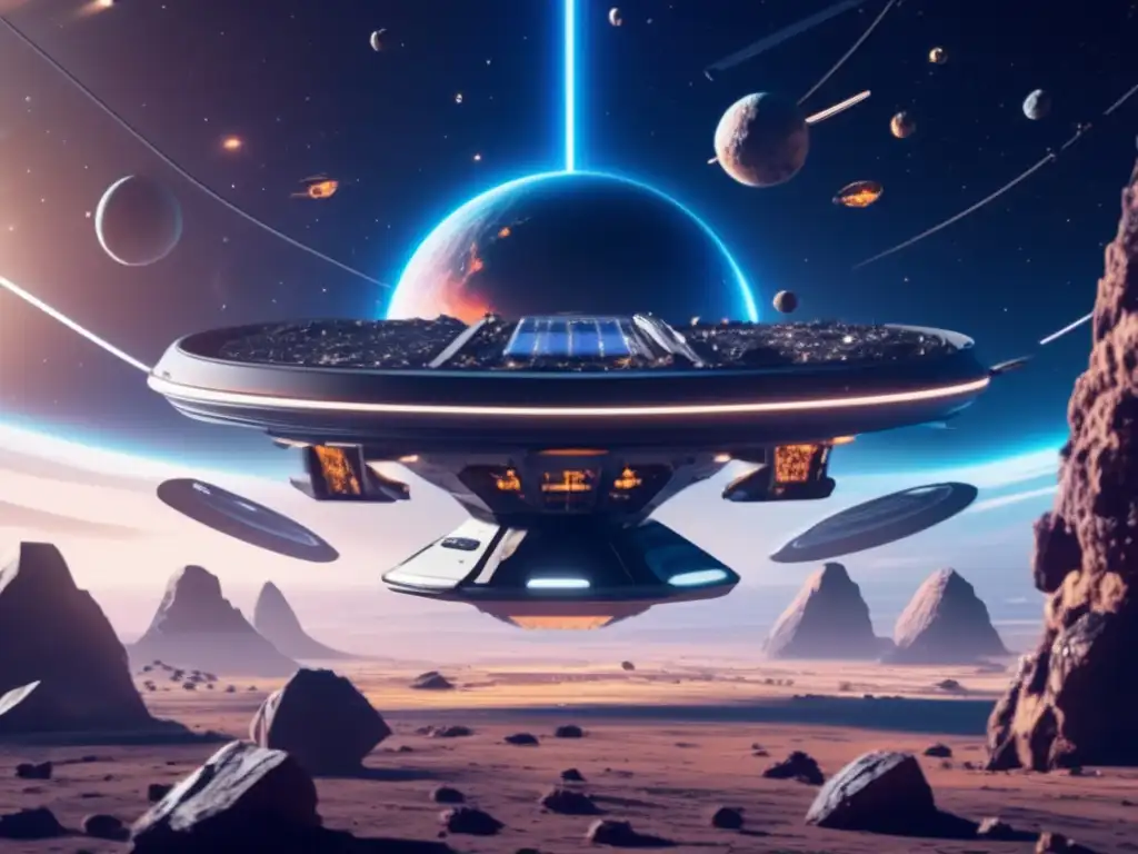 Simulaciones extracción asteroides en estación espacial futurista rodeada de asteroides y colisión impactante