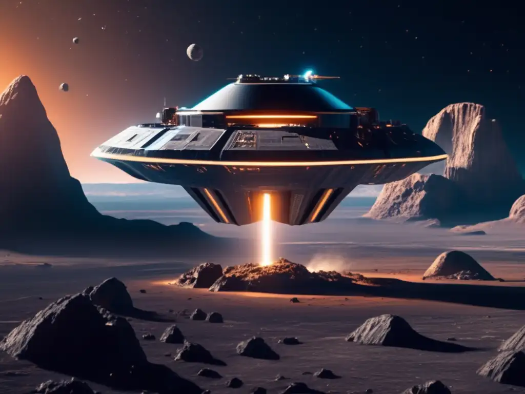 Simulaciones extracción asteroides: Nave futurista minera en asteroide espacial