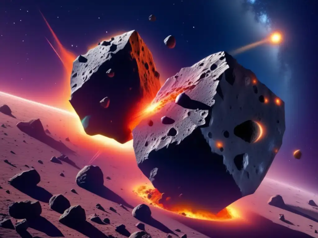 Colisión de asteroides irregulares Simulaciones colisiones asteroides irregulares: Impacto caótico y colorido en el espacio estelar