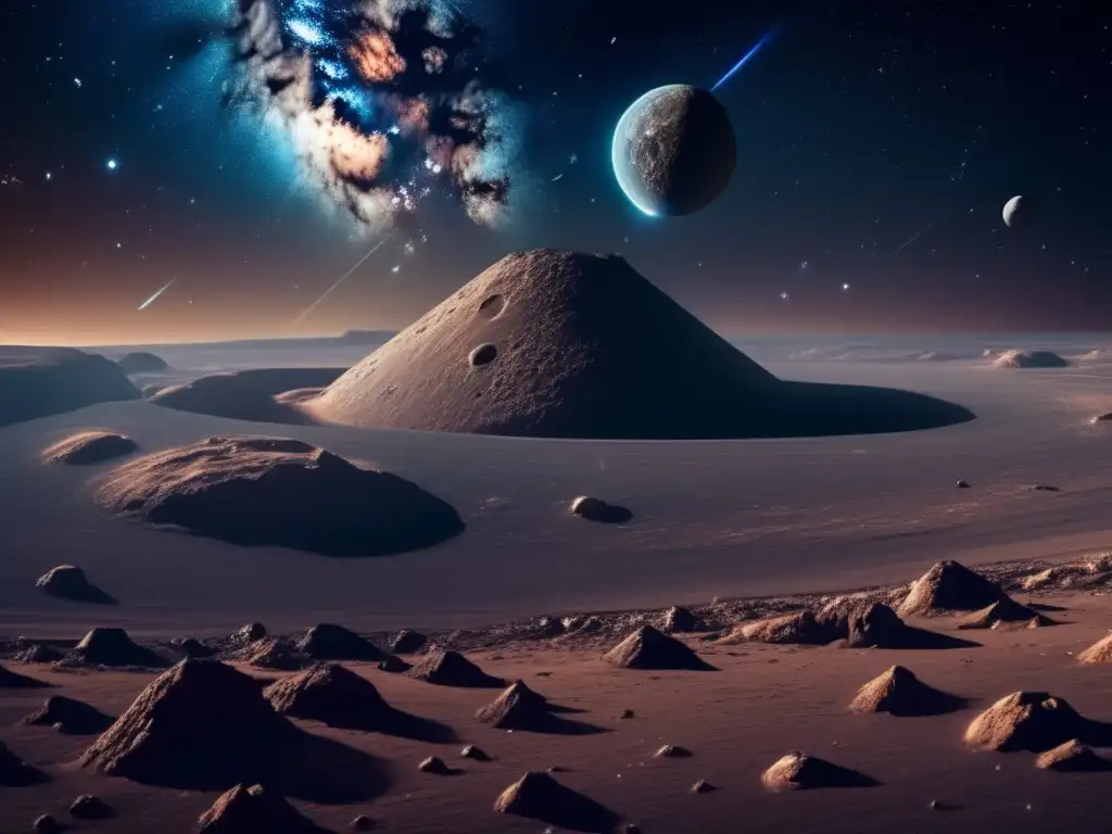 Asteroida gigante flota en el espacio cósmico Simulaciones educativas asteroides: rol didáctico - Espacio cósmico con asteroide gigante, estrellas y galaxias distantes