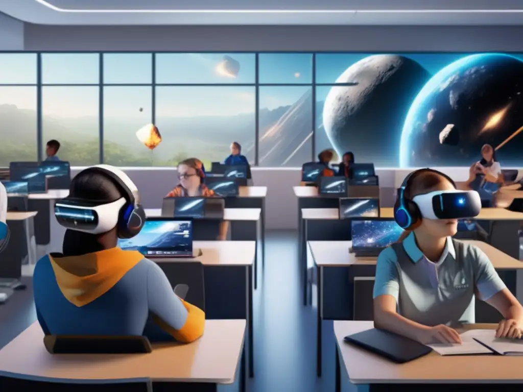 Estudiantes inmersos en juego educativo de asteroides Simulaciones educativas asteroides: rol didáctico en un aula moderna con estudiantes inmersos en un juego de realidad virtual