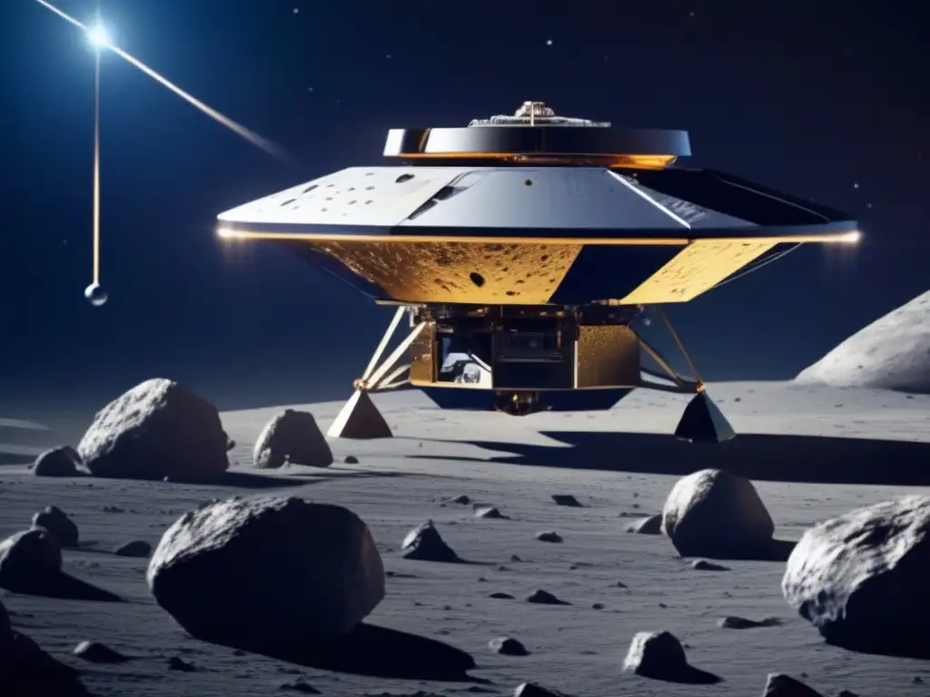 Simulaciones extracción asteroides: Sonda espacial explorando asteroide con tecnología avanzada y detalles de su superficie