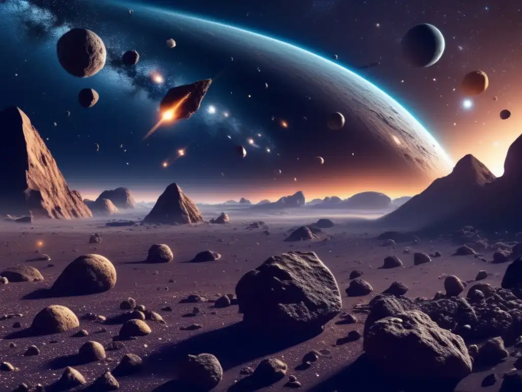 Colisión de asteroides: peligro inminente Simulaciones impacto asteroides en un detallado 8k cielo nocturno con asteroides de distintos tamaños y formas