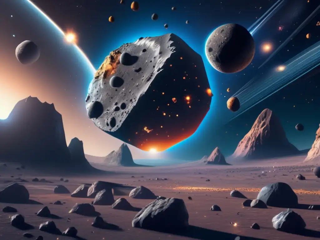 Escena futurista en el espacio con asteroides flotando Simulaciones de impacto de asteroides en un escenario espacial futurista con minerales valiosos y tecnología avanzada