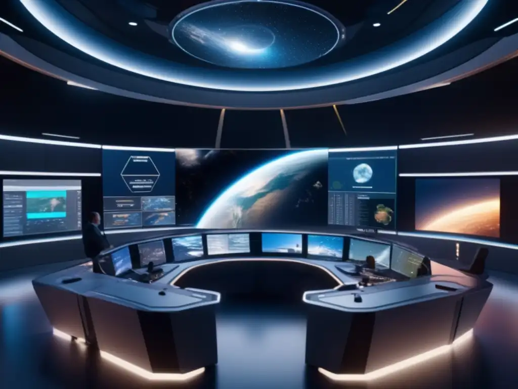 Centro de comando futurista y científicos analizando amenaza espacial Preparación simulacros impacto defensa planetaria en sala de mando futurista con científicos y tecnología avanzada