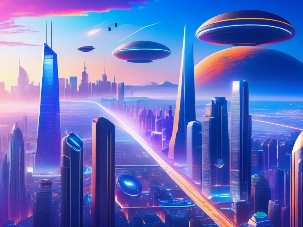 Futuro urbano con asteroides: preparación y respuesta Preparación simulacros impacto defensa planetaria en ciudad futurista con rascacielos y tecnología avanzada