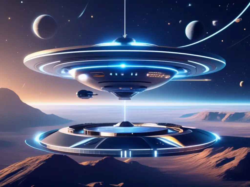 Simulador de defensa contra asteroides en estación espacial futurista con vista impresionante de galaxias, astronautas y tecnología avanzada