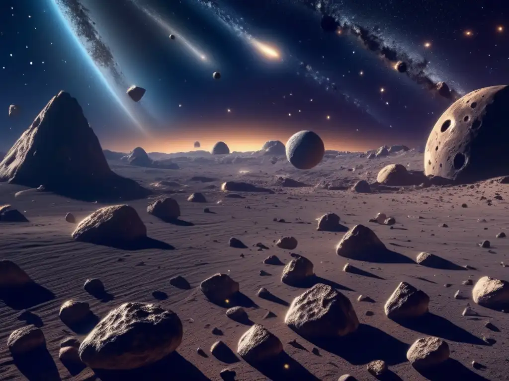 Espectacular imagen en 8K del espacio lleno de asteroides Sistema monitoreo global: Imagen 8K de asteroides en espacio, con variedad de formas y texturas, revelando su evolución y belleza enigmática