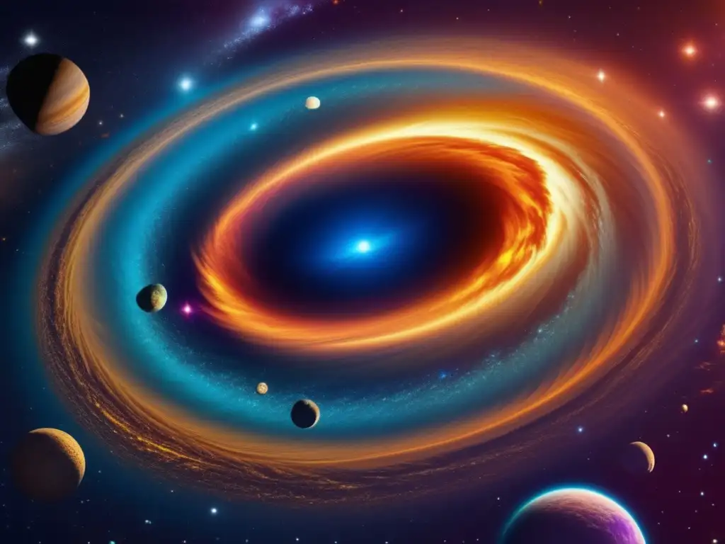 Formación estelar y planetaria caótica Formación sistema solar: imagen detallada de nube cósmica con estrella en desarrollo rodeada de disco protoplanetario, asteroides y colisiones