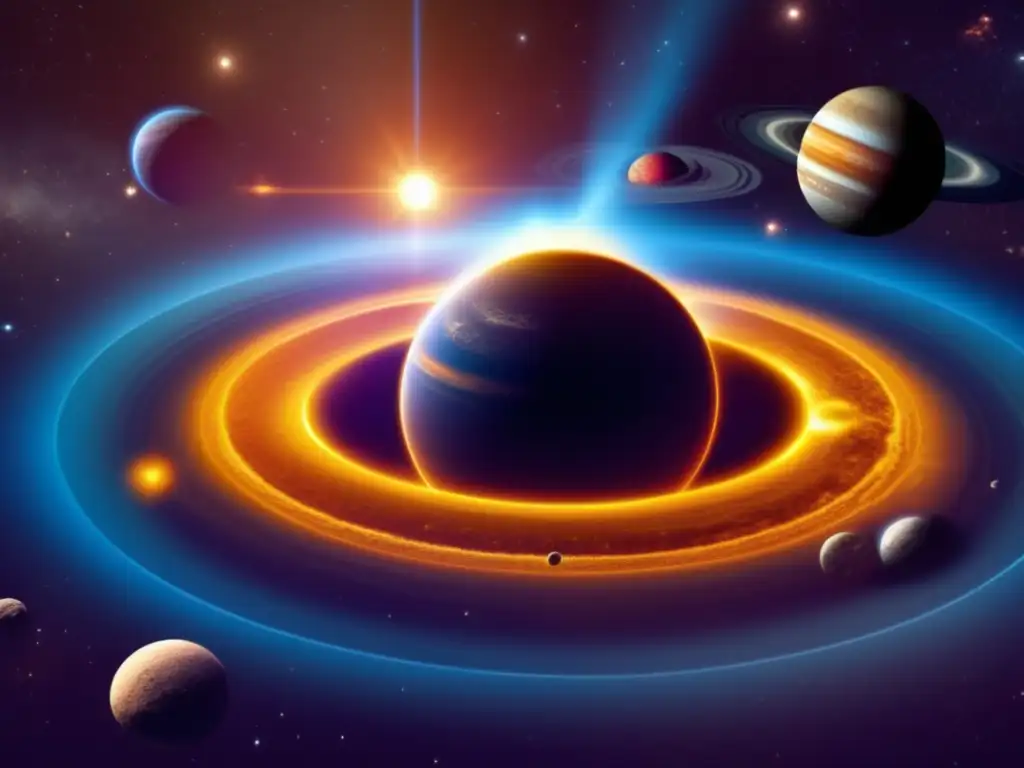 Formación sistema solar: Nube de polvo y gas colapsa, emergiendo el sol rodeado de disco protoplanetario y clústeres planetarios