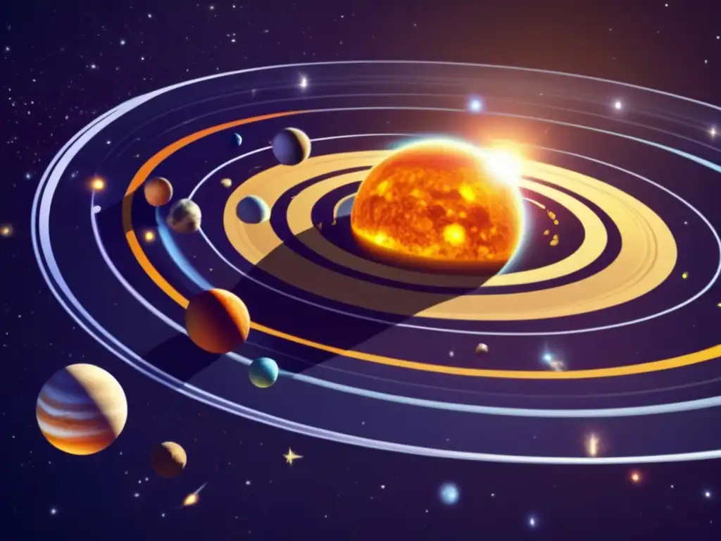 Sistema solar con planetas, asteroides y órbitas Sistema solar con el Sol como un orbe dorado, planetas y asteroides