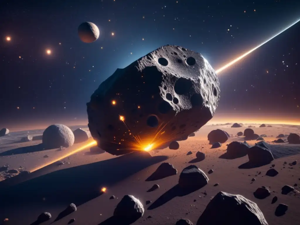 Investigación espacial en asteroides Investigación sobre sistemas de asteroides múltiples: imagen detallada en 8K de una sonda espacial orbitando un lejano cúmulo de asteroides