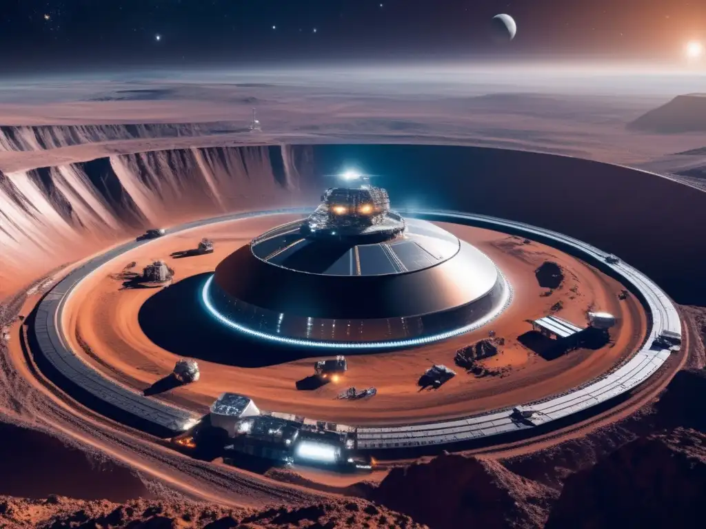 Futuro de la minería espacial Sistemas AntiColisión Minería Espacial: Maravillosa imagen del espacio, con una operación de minería futurista en primer plano