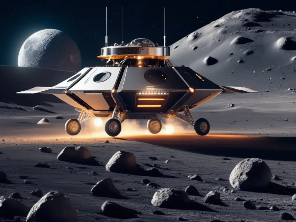 Futurista nave minera lunar con sistemas anticolisión avanzados Sistemas AntiColisión Minería Espacial, nave espacial futurista en la Luna