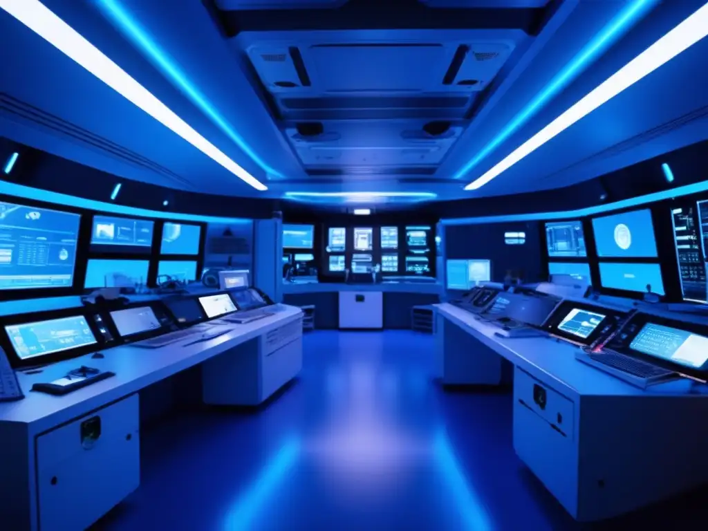 Control room de alta tecnología en estación espacial Sistemas AntiColisión en Minería Espacial: Control room futurista con tecnología avanzada y vista al espacio