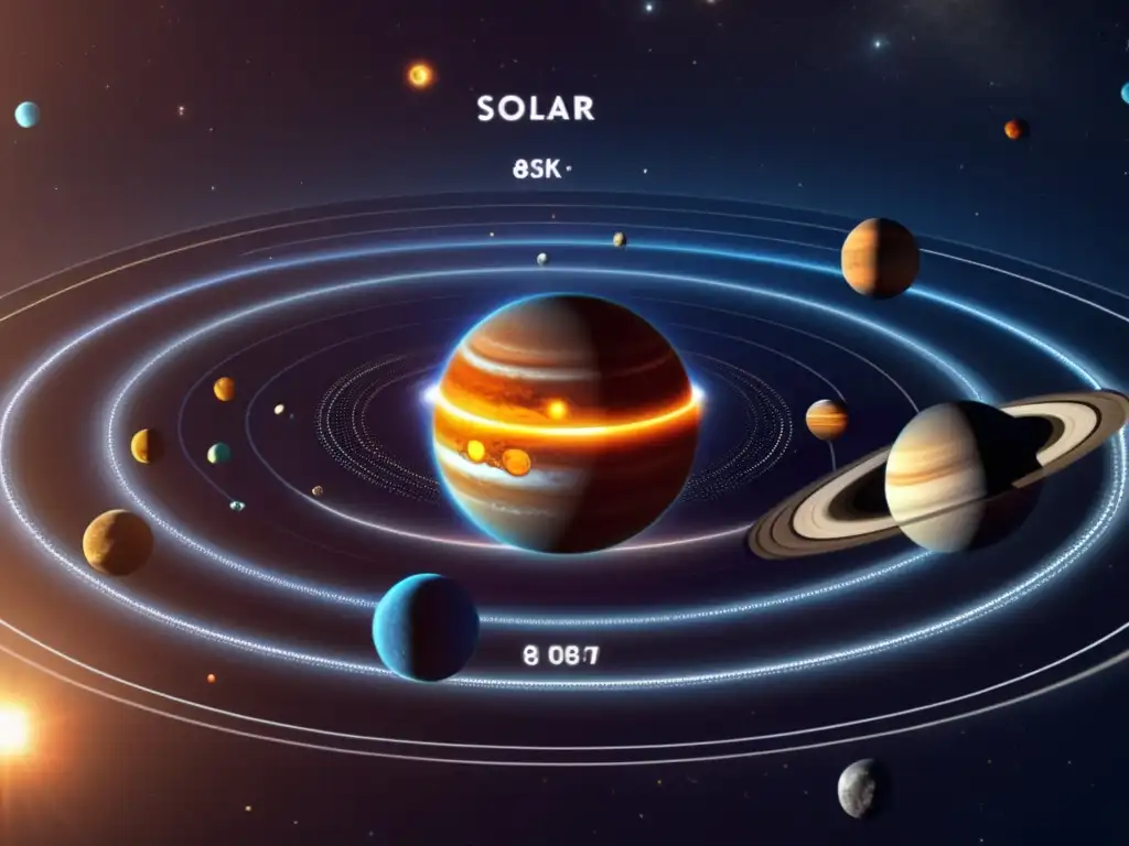 Sistema solar en 8K con planetas y asteroides Software interactivo sistema solar - Detallada imagen en 8K del sistema solar, con planetas, asteroides y colores vibrantes