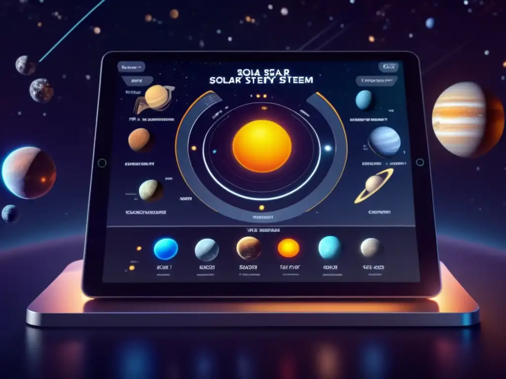 Interfaz interactiva para explorar el sistema solar Software interactivo sistema solar - Interfaz futurista para explorar el sistema solar en una imagen 8k ultradetallada