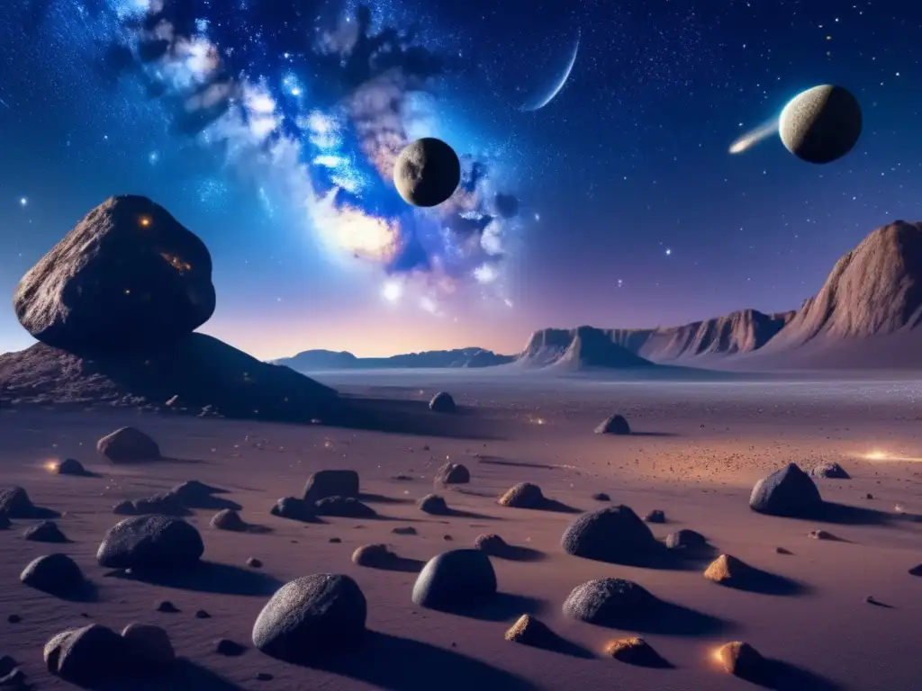 Impresionante paisaje de asteroides Software interactivo sistema solar: Noche estrellada 8k, asteroide masivo y colorido flota en el espacio, creando un paisaje celeste fascinante