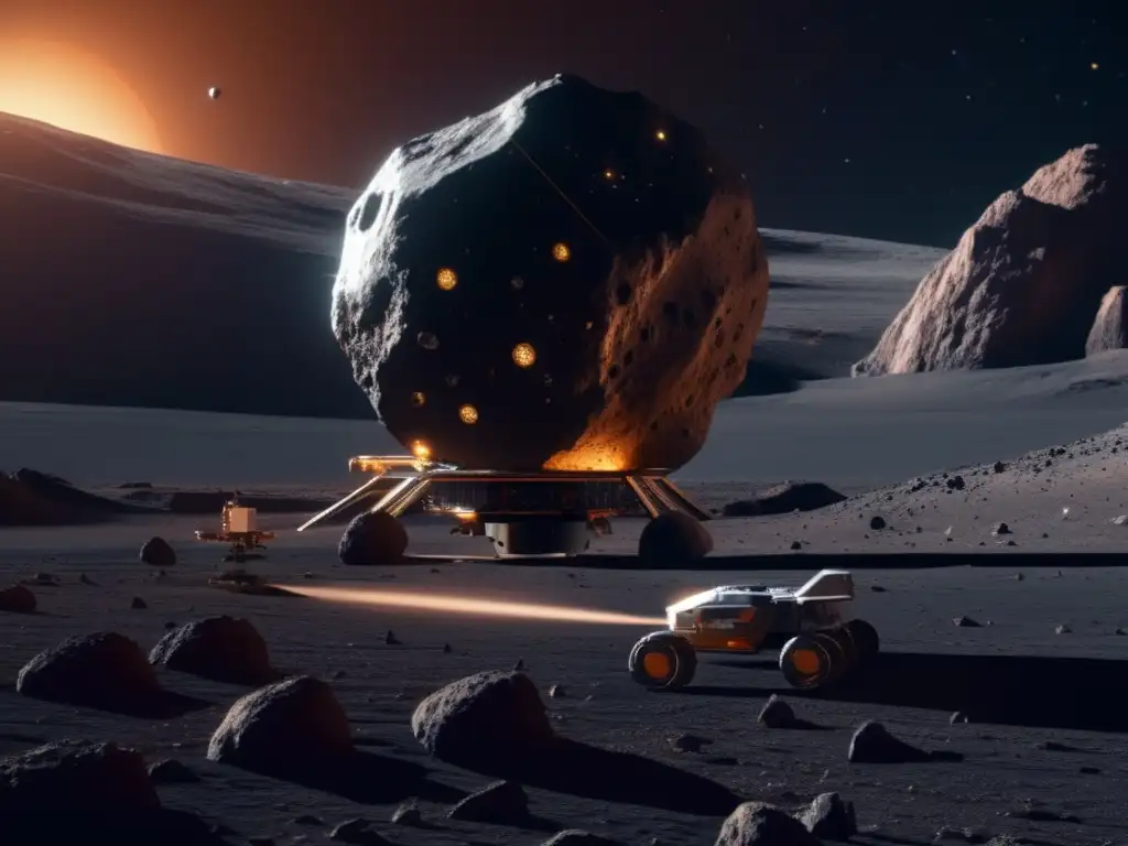 Sonda espacial explorando asteroide Sonda espacial analiza asteroide tipo C, resaltando importancia económica de estudio (110 caracteres)