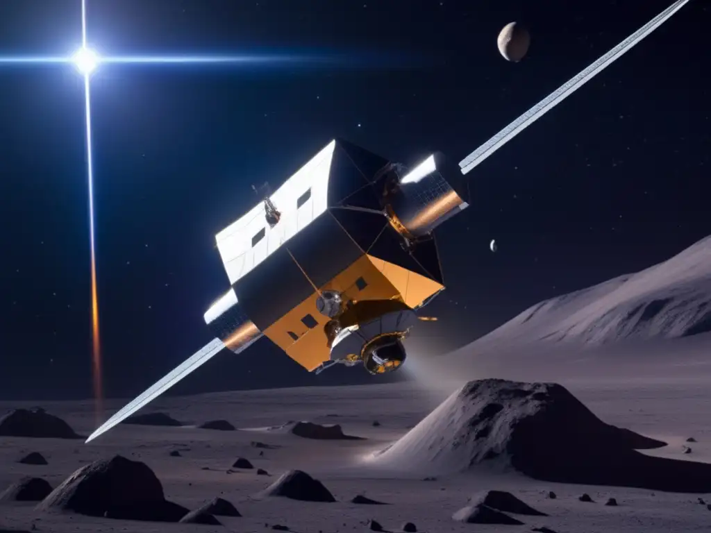 Sonda espacial futurista estudiando un asteroide Sonda espacial captura imagen y datos de asteroide, Descubrimientos y exploración de NEOs