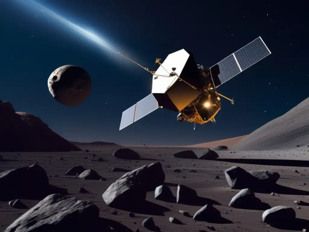 Sonda espacial explorando asteroide irregular Una sonda espacial frente a un asteroide irregular, revelando su superficie rocosa y caótica
