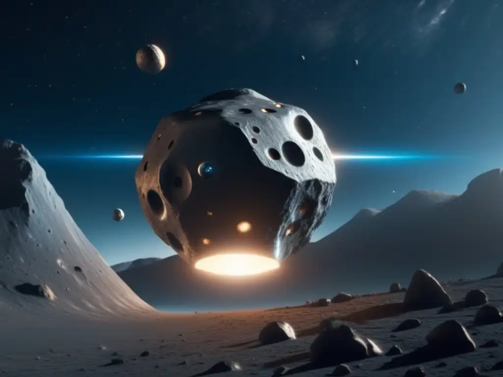 Sonda espacial futurista en asteroide Una sonda espacial futurista explora un asteroide mientras brilla en el espacio