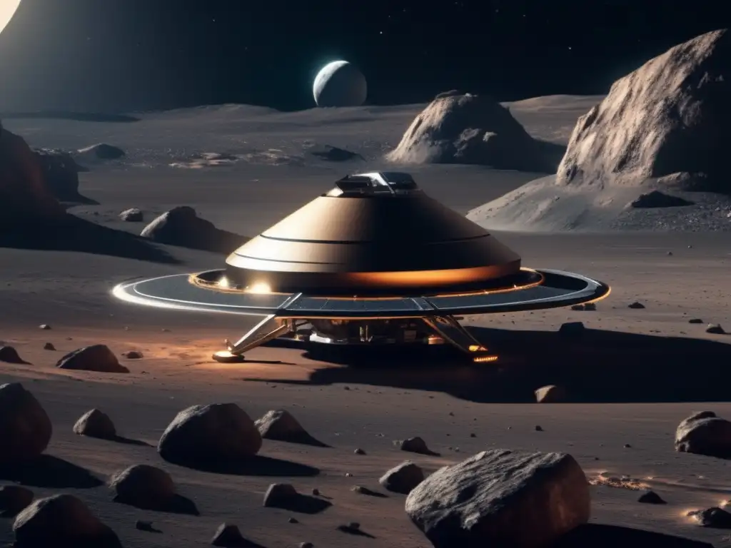 Sonda espacial futurista cerca de asteroide, con potencial de recursos